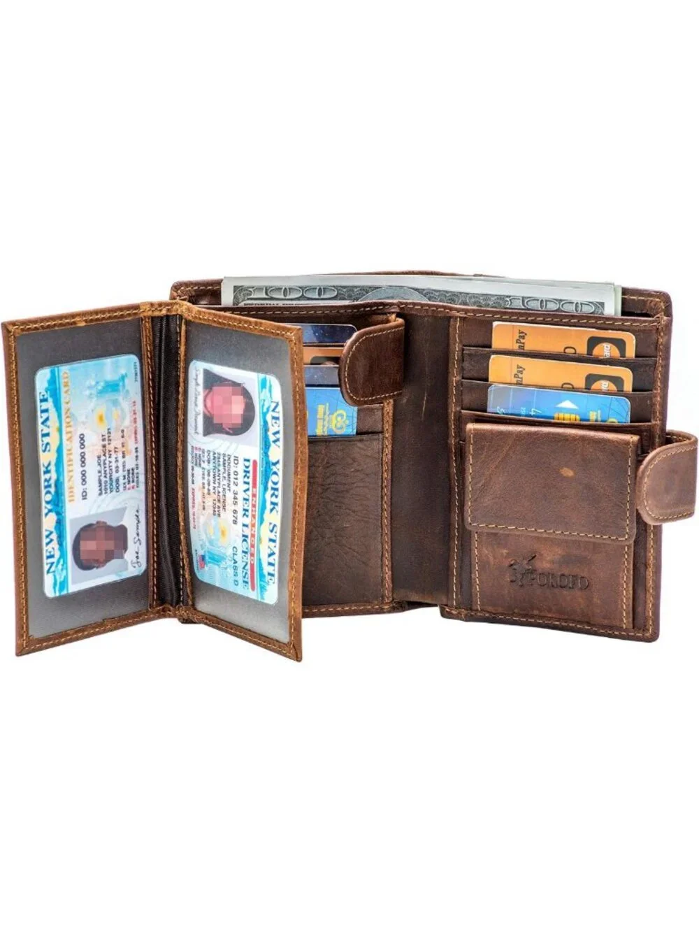Large RFID Genuine Leather Trifold Wallet | Snap Closure & 3 ID Windows for Men